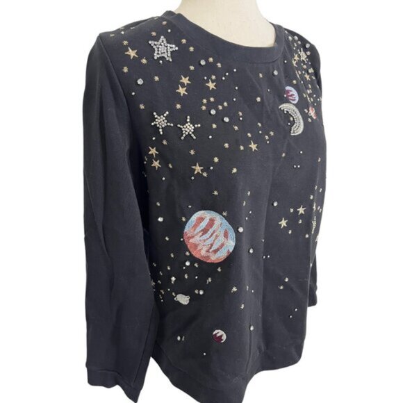 Anthropologie Postage Stamp Embellished Outer Space Sweatshirt Small Embroided - Picture 3 of 10